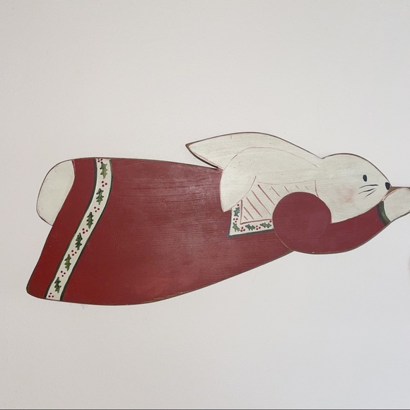 Primitive Wood Bunny Rabbit Wall Hanging Trumpet Merry Christmas Folk Art - Picture 2 of 10